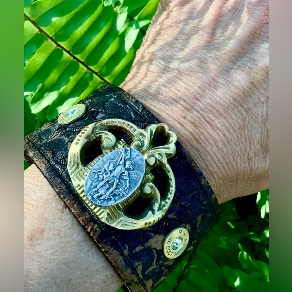 Leather cuff, St Michael,up to 7” wrist